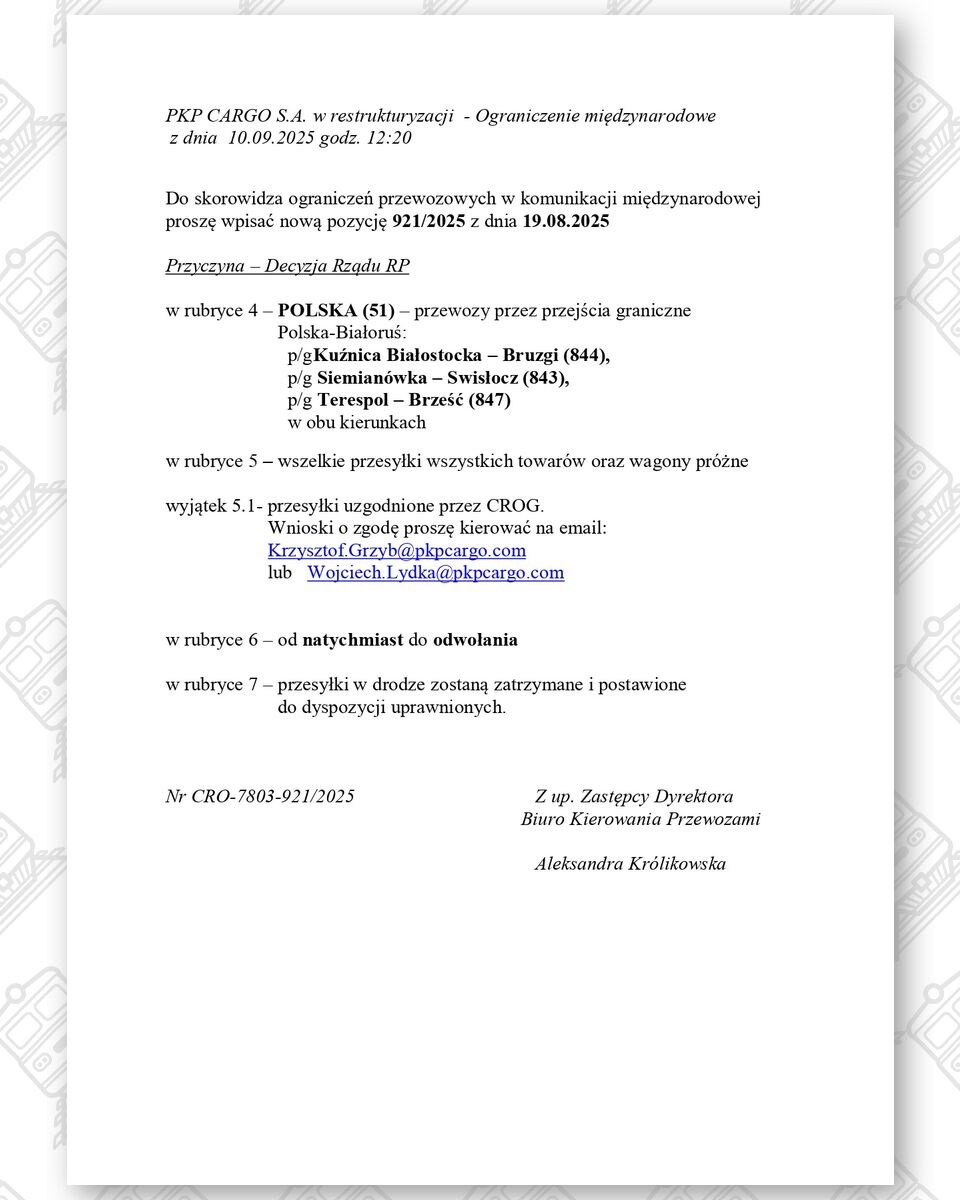 Служебная телеграмма PKP CARGO № 921/2025 о немедленной остановке перевозок через переходы PL–BY (от 10.09.2025, 12:20)